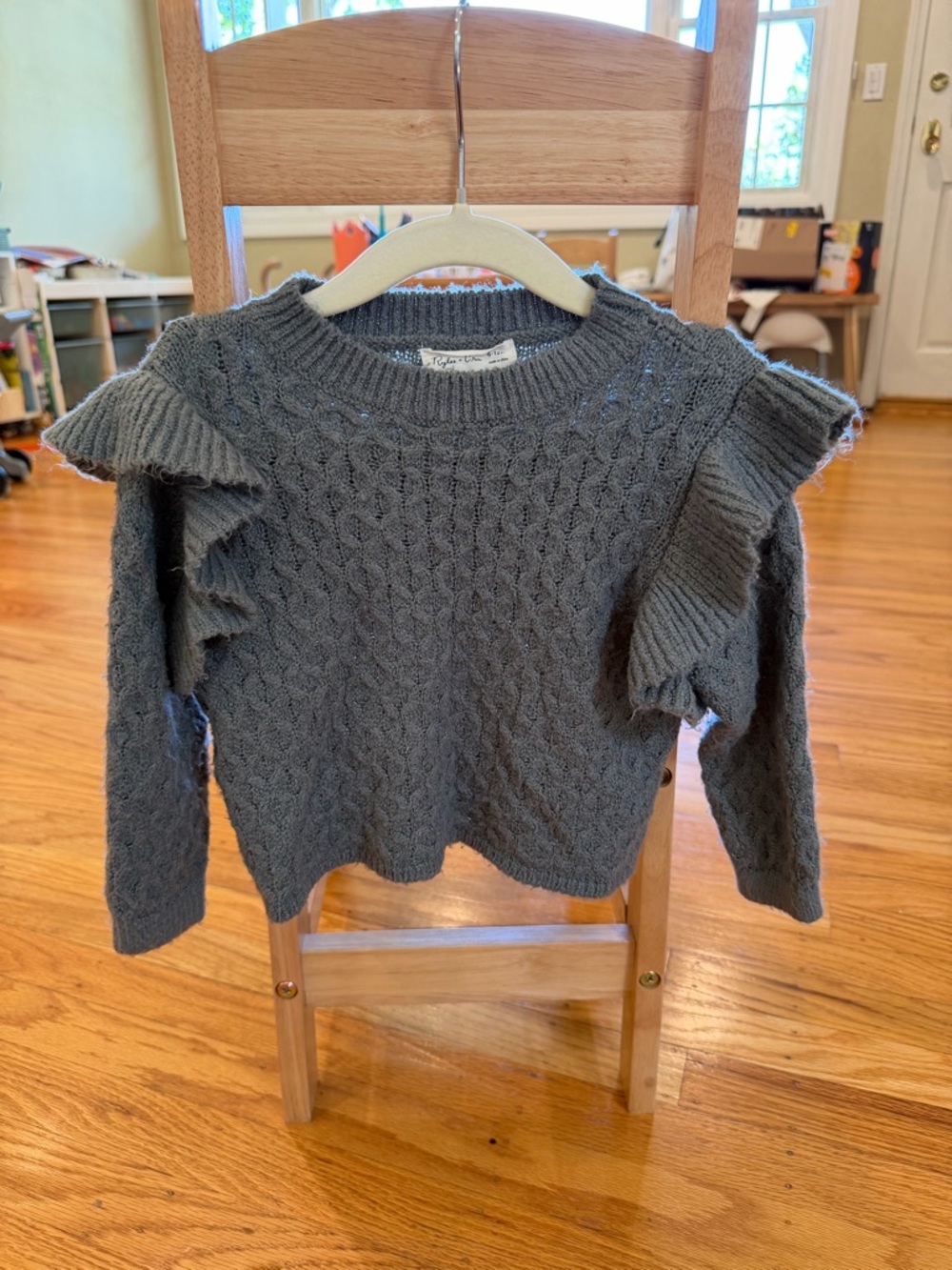 Rylee + Cru Gray Cable Knit Ruffle Shoulder Sweater